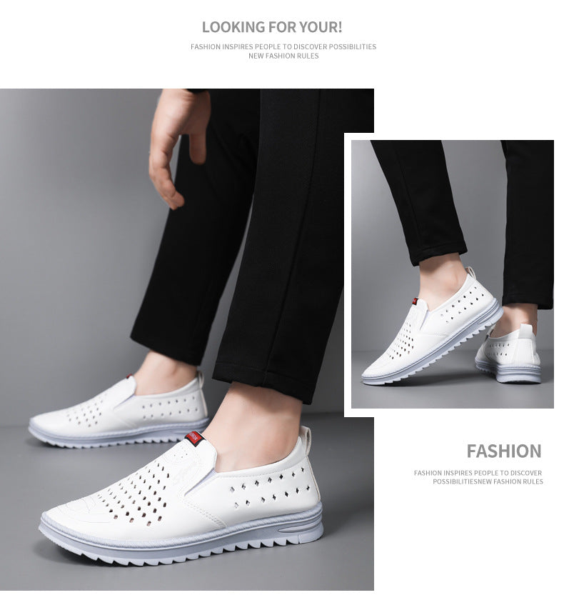 Hollow-Out Leather Shoes for Men, Summer Breathable Soft Leather Low-Top Business Casual Versatile Slip-On Perforated Dad Shoes