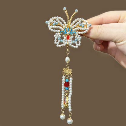 Antique Style Burned Blue Cloud Pearl Hairpin New Chinese Tassel Side Clip Advanced Sense Clip Hair Accessories Headwear Hair Clip
