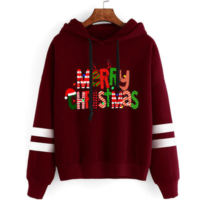 Christmas Merry Christmas printed parallel bars striped hooded hoodie European size plus size men's and women's cross-border