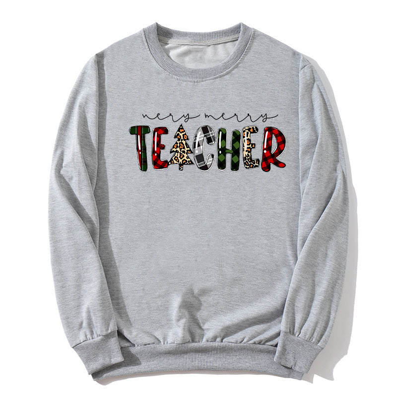 Christmas Tree Plaid Letter Teacher Christmas Printed Round Neck Sweat Autumn and Winter European Men's and Women's Top