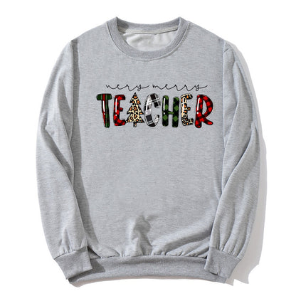 Christmas Tree Plaid Letter Teacher Christmas Printed Round Neck Sweat Autumn and Winter European Men's and Women's Top