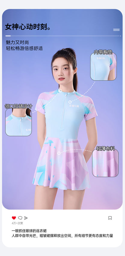 New Small Floral Swimsuit Seaside Beach Holiday One-piece Swim Skirt Split Safety Trunks Swimsuit with Chest Pad suit