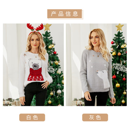 Cross-Border Popular European and American Design Knitted Tops Christmas Cartoon Jacquard Sweaters Embroidered Bear Christmas Sweaters