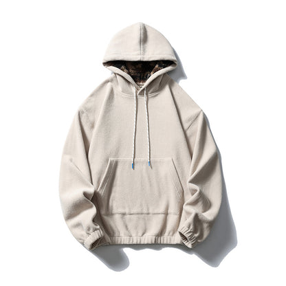 Black Fleet American Casual Style Unisex Versatile Hooded Warm Top Couple Style Hiking Fleece Solid Color Sweatshirt