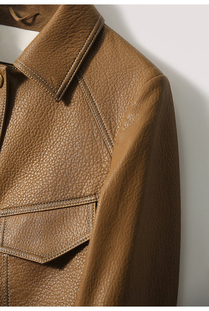 Haining Spring and Autumn New Leather Jacket Single Lined Leather Jacket Women's Short Slim Motorcycle Women's Short Leather Jacket C2707