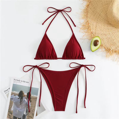 European and American Solid Color Split Swimsuit Women's Sexy Bikini Cross-border Hot Tight Gather Deep V High-end Swimsuit Women