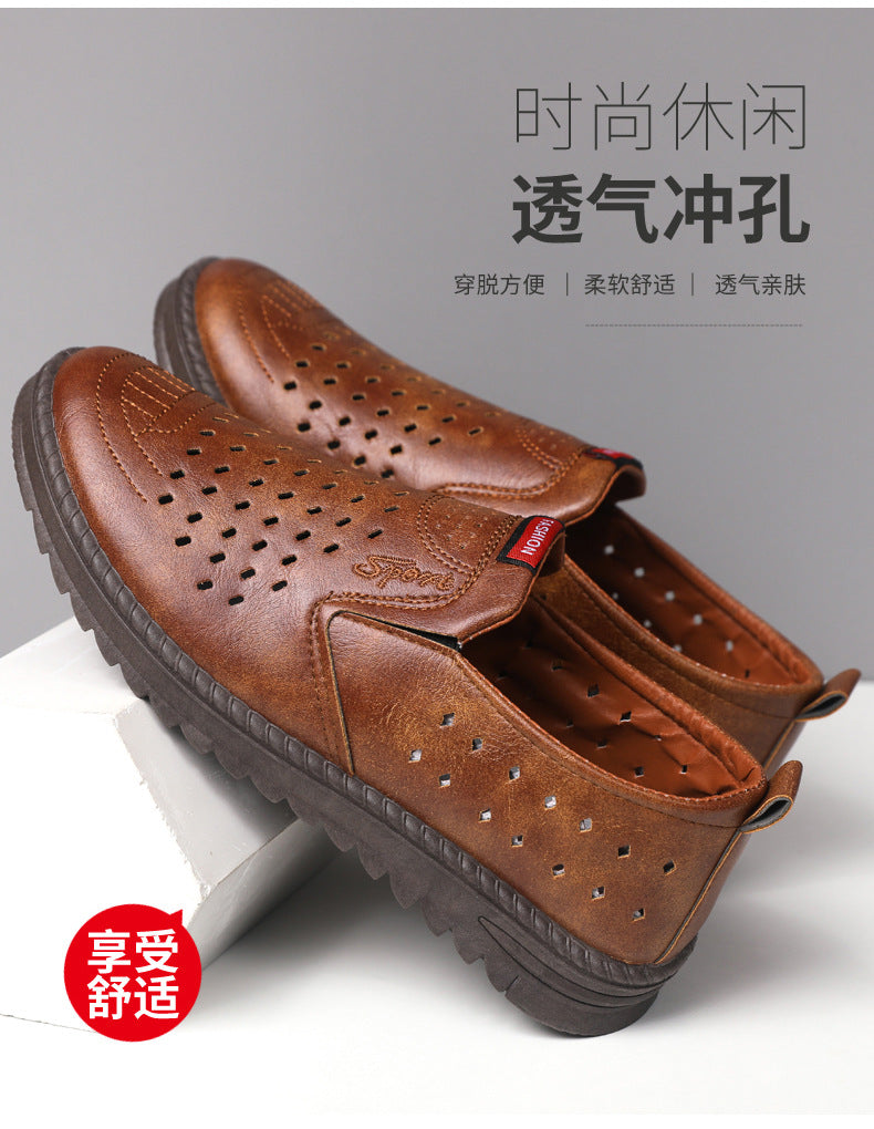 Hollow-Out Leather Shoes for Men, Summer Breathable Soft Leather Low-Top Business Casual Versatile Slip-On Perforated Dad Shoes