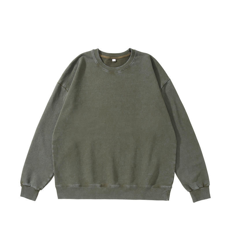 Trendy Brand Heavyweight Pure Cotton Terry 400g Washed Distressed Crew Neck Sweatshirt Hoodie Retro Sweatshirt with Printed Logo