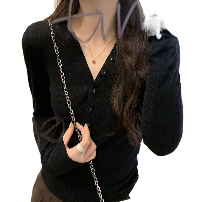 European in stock Korean Style Lazy Relaxation Inner Base T-shirt Women's Early Autumn New Style Elegant Slim-fit Half-open Collar