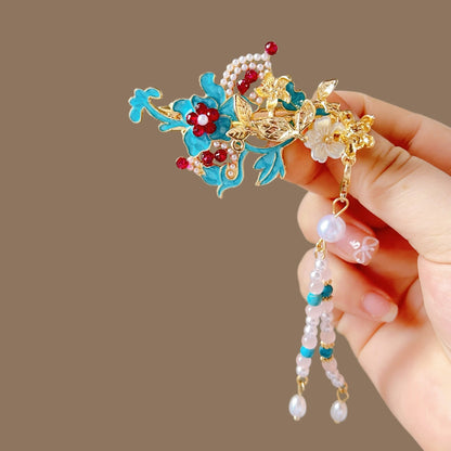 Antique Style Burned Blue Cloud Pearl Hairpin New Chinese Tassel Side Clip Advanced Sense Clip Hair Accessories Headwear Hair Clip