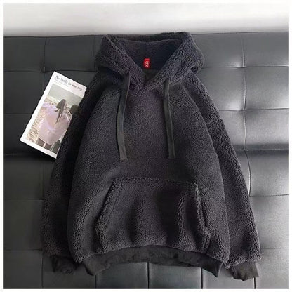 Imitation Lamb Wool Sweatshirt, Winter Season, Women's Korean Style, Simple Couple's Outfit, Unisex, Fleece-Lined, Thickened, Hooded, Loose Top