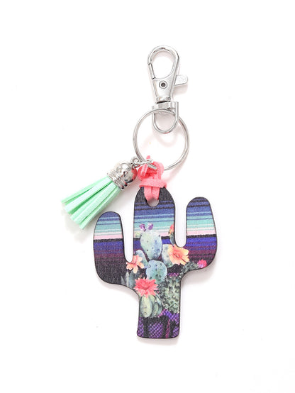 New Wooden Cactus Keychain Leopard Flower Rainbow Sunflower Striped Printed Bag Car Pendant