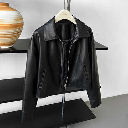 cool handsome high sense ~ lapel leather coat women's spring and autumn Hong Kong style PU leather jacket motorcycle top trendy 9595