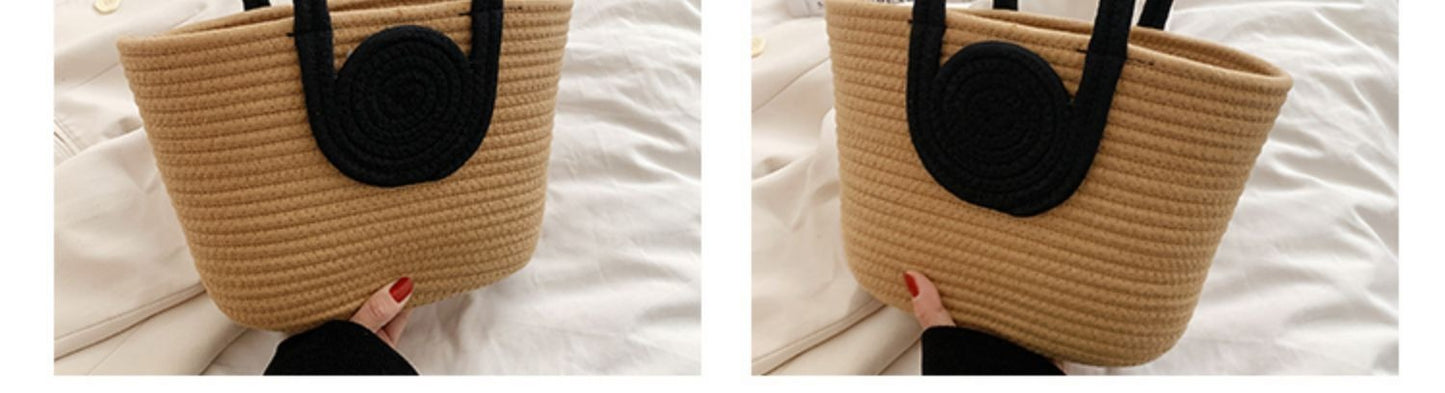 Contrast Cotton Rope Woven Handbag Women's Bag Korean Style Bag New Large Capacity Stylisse Handbag All-match Tote Bag