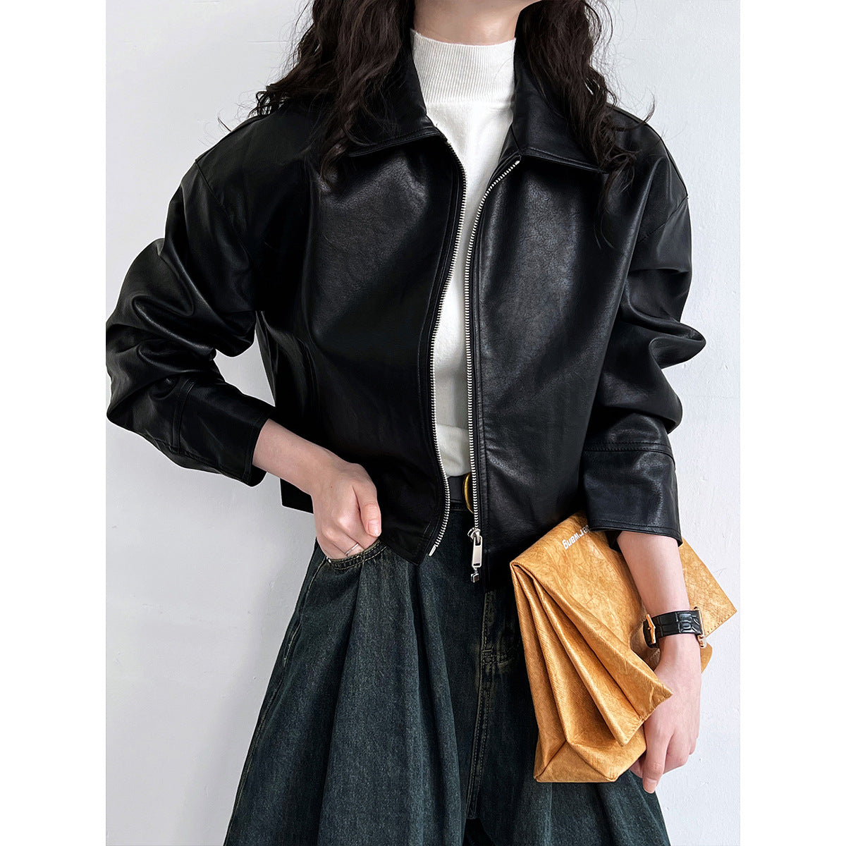 cool handsome high sense ~ lapel leather coat women's spring and autumn Hong Kong style PU leather jacket motorcycle top trendy 9595