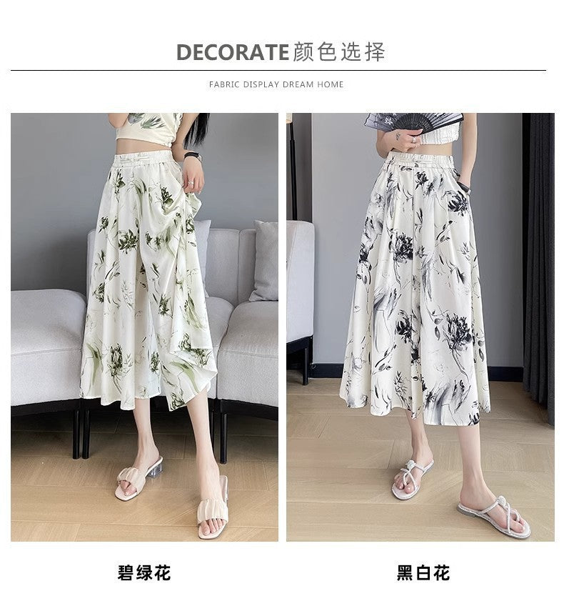 2025 Summer Thin Chiffon Wide-Leg Pants Women's Cropped Culottes Elastic Waist Small National Style Pants New Style Skirt