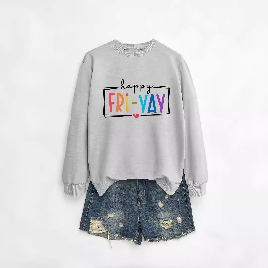 Amazon Ebay Round Neck Sweatshirt Happy Fri Yay Fun Letters Casual Fashion Long-Sleeved Tops in Stock