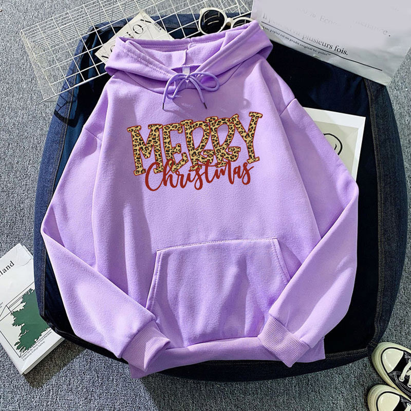 Christmas Leopard Print Merry Christmas Print Hooded Sweatshirt European and American Autumn and Winter Men's and Women's Top Coat