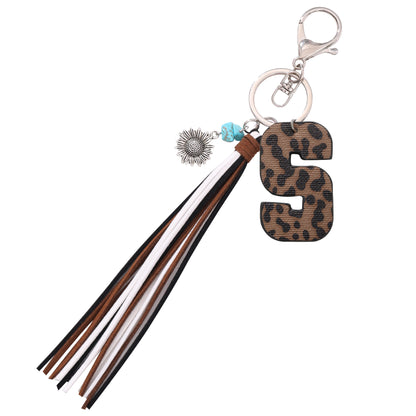 New Western Denim Style Leopard Oil-trimmed Leather Letter A Korean Velvet Tassel Combination Keychain Pendant Bag