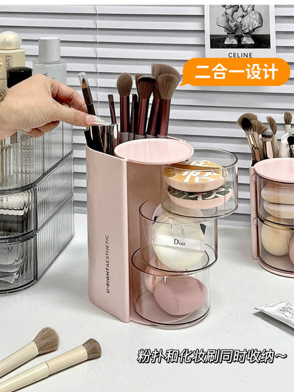 Puff Storage Box Rotating Dustproof Dressing Table Desktop Beauty Makeup Egg Air Cushion Lipstick Makeup Brush Storage Cylinder Storage Rack