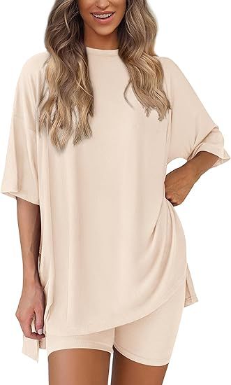 Cross-border foreign trade Amazon 2025 new women's casual round neck split loose shorts short sleeve home clothes suit