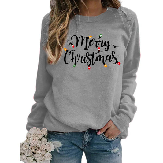 Europe and the United States foreign trade cross-border supply Christmas merry Christmas printed round neck long sleeve sweater women's top