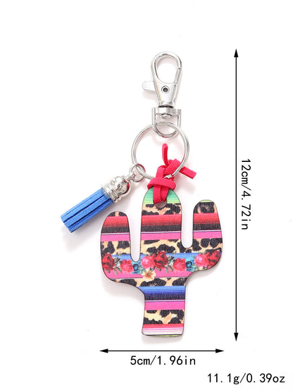 New Wooden Cactus Keychain Leopard Flower Rainbow Sunflower Striped Printed Bag Car Pendant