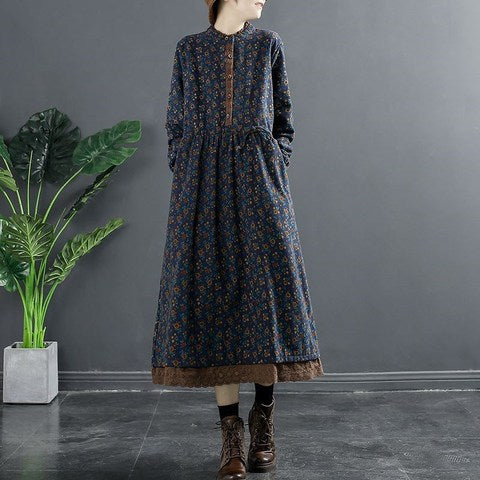 Spring New 2024 vintage printed lace-up waist lace small floral bottoming plus size women's long sleeve dress