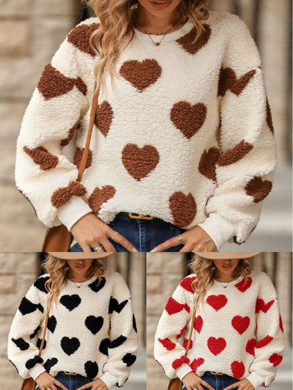 Flash velvet 2023 cross-border women's clothing European and American autumn and winter new plush love printing loose long sleeve round neck pullover sweater