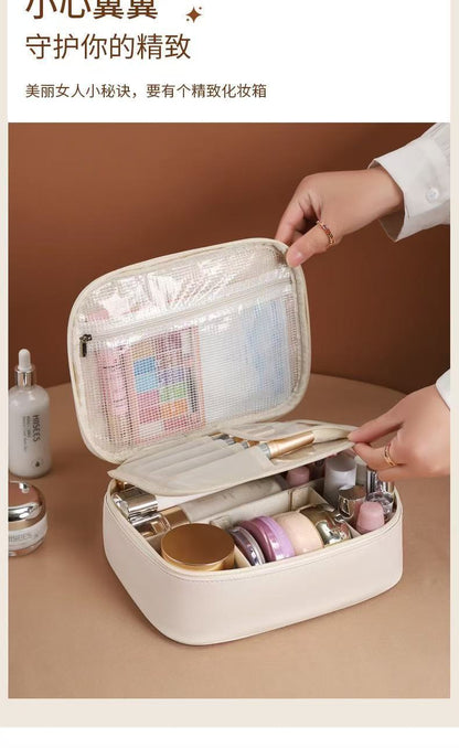 Multifunctional Partitioned Storage Pu Cosmetic Bag, Large Capacity, High-End Feel, Portable Hand-Held Makeup Brush Storage Bag