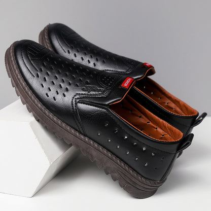 Hollow-Out Leather Shoes for Men, Summer Breathable Soft Leather Low-Top Business Casual Versatile Slip-On Perforated Dad Shoes