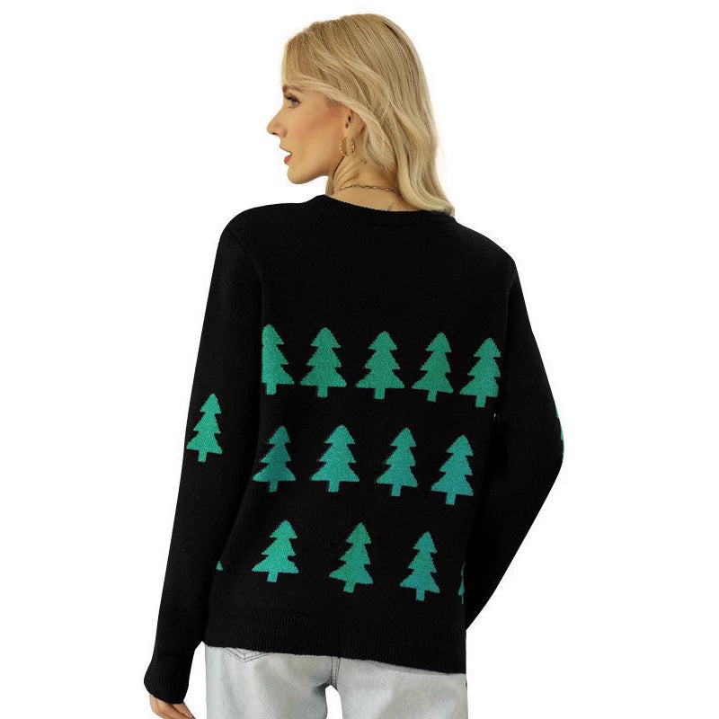 Shein Amazon European and American Women's Autumn and Winter Pullover Jacquard Christmas Tree Knitted Shirt Long Sleeve Red Christmas Sweater
