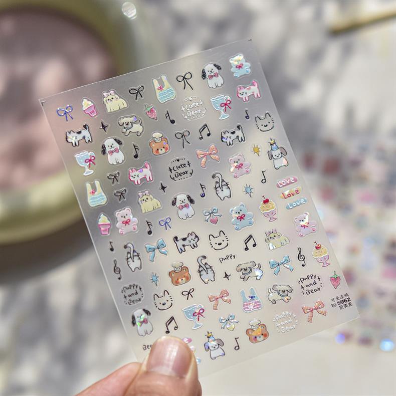 Cute Pet Graffiti Nail Art Stickers Embossed 3D Stereo 5D Cute Little Panda Cat Dog Nail Sticker Decoration