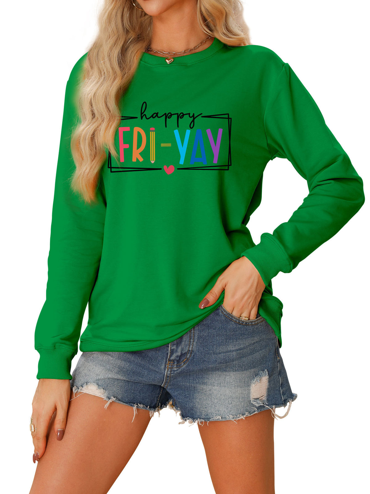Amazon Ebay Round Neck Sweatshirt Happy Fri Yay Fun Letters Casual Fashion Long-Sleeved Tops in Stock