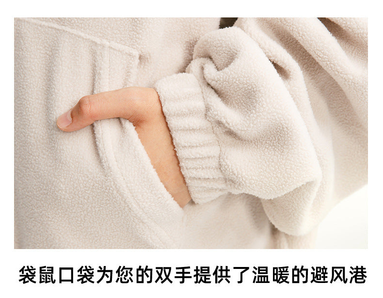 Black Fleet American Casual Style Unisex Versatile Hooded Warm Top Couple Style Hiking Fleece Solid Color Sweatshirt