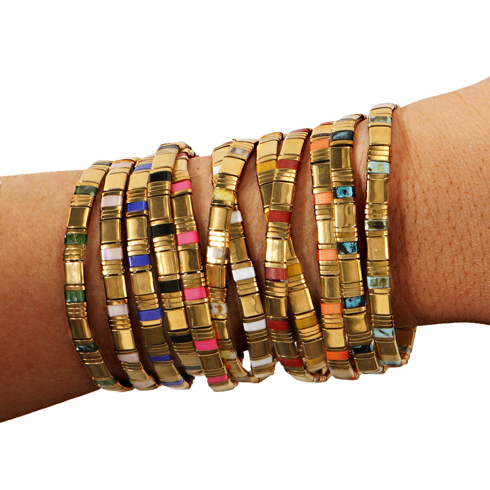 European and American Ins-style Multicolor Tila Bracelet suit Gold Black Gallstone Stitching Hand-woven Elastic Waterproof Bracelet