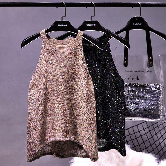 All-Match Summer New Sexy Shoulder Hanging Halter Sequin Strap Ware Shoulder Flash Knitted Hollow Vest Top for Women