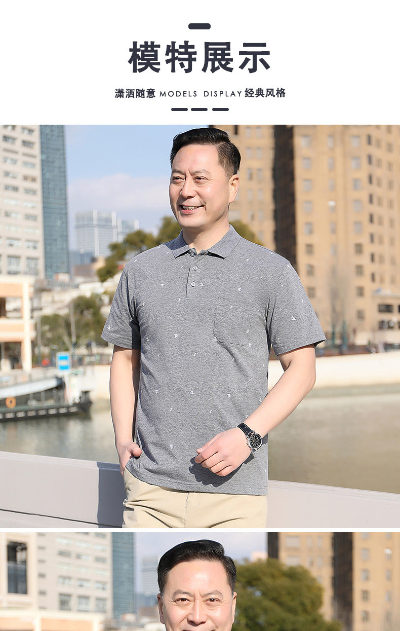 Middle-aged Men's Cotton Short-sleeved T-shirt Lapel Pocket Summer Middle-aged and Elderly plus size Half-sleeved Dad T-shirt Father