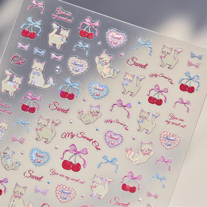 Cherry Kitten Nail Art Stickers New Embossed 5D Stereo Cute Bow Cute Pet Nail Sticker Decoration