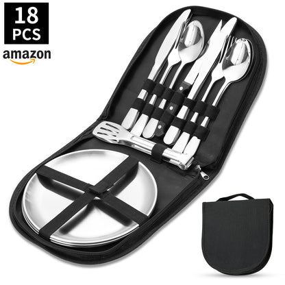 Amazon Outdoor Stainless Steel Tableware Steak Knife and Fork Spoon Barbecue Clip Plate 10-piece Travel Camping Set
