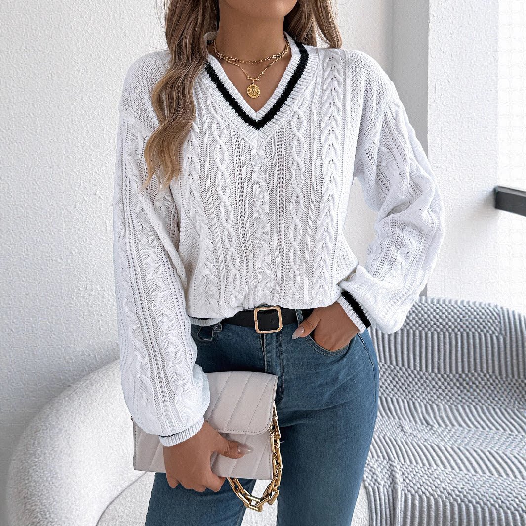 2025 New Autumn and Winter European and American Preppy Style Color-Blocked V Neck Twist Lantern Long-Sleeved Sweater Amazon Cross-Border Women's Clothing