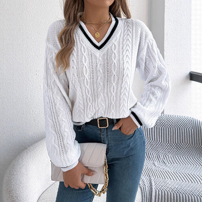 2025 New Autumn and Winter European and American Preppy Style Color-Blocked V Neck Twist Lantern Long-Sleeved Sweater Amazon Cross-Border Women's Clothing