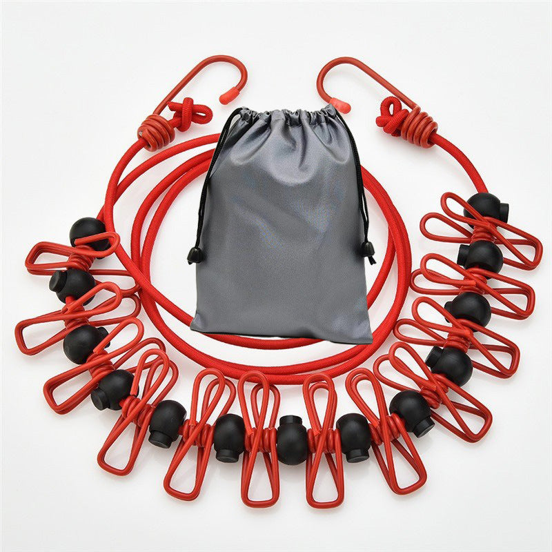 Creative Outdoor Elastic Windproof Clothesline with Positioning Clips, Korean Style Clothesline with 12 Windproof Clips