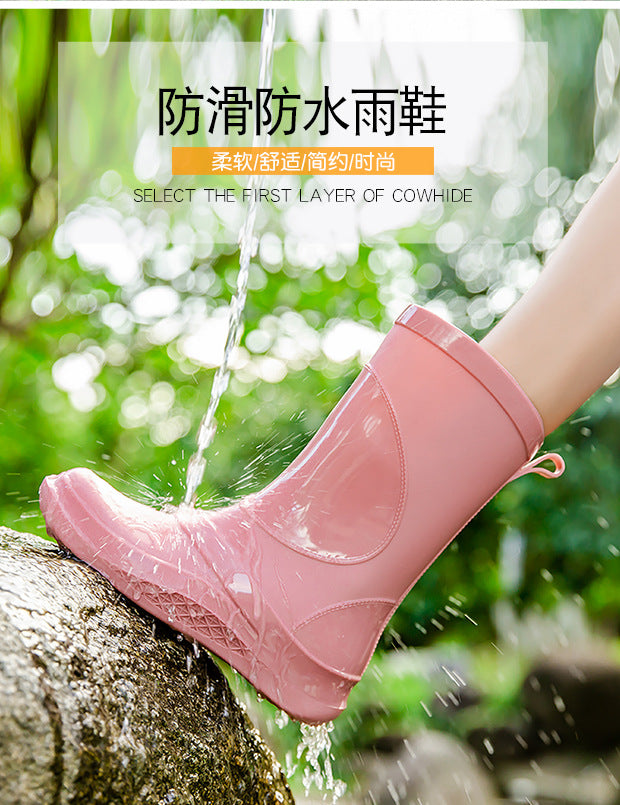 Rain Boots for Women, New Fashionable Waterproof Shoes, Mid-Calf Outdoor Rain Boots for Beachcombing, Trendy Non-Slip Waterproof Slip-On Rubber Shoes