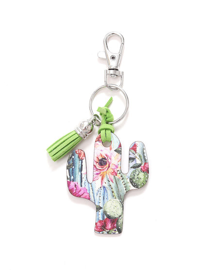 New Wooden Cactus Keychain Leopard Flower Rainbow Sunflower Striped Printed Bag Car Pendant