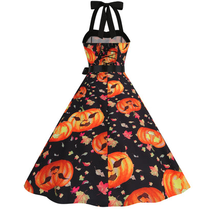 Factory direct supply 2024 Halloween new Hepburn style high waist slim hanging neck large swing long retro dress