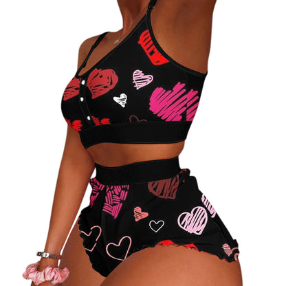 European and American Foreign Trade Cross-Border Sales Strawberry Print Camisole Two-Piece Loungewear Sweet Pajamas Stylish Sweet Style