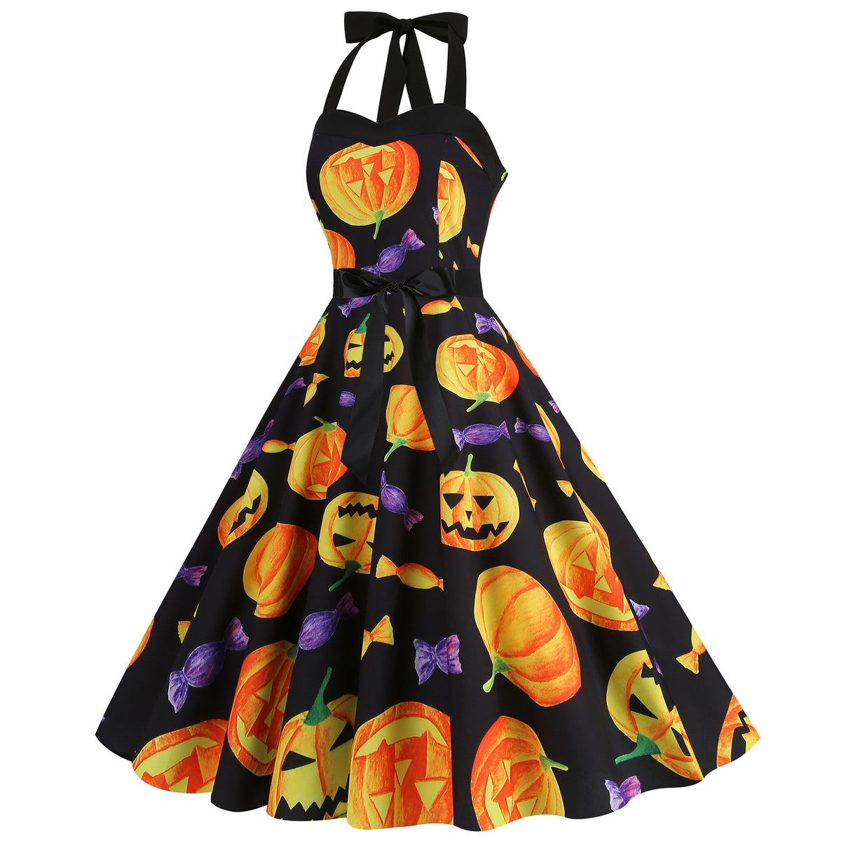 Factory direct supply 2024 Halloween new Hepburn style high waist slim hanging neck large swing long retro dress