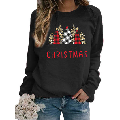 Plaid Christmas Tree merry Christmas Printed Round Neck Sweat European and American Women's Autumn and Winter Top Cross Border
