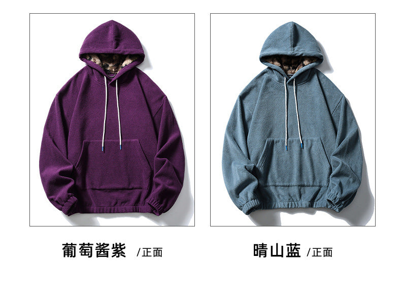 Black Fleet American Casual Style Unisex Versatile Hooded Warm Top Couple Style Hiking Fleece Solid Color Sweatshirt